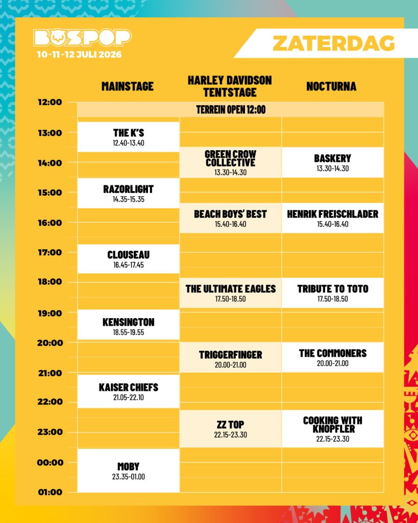 Tijdschema zaterdag